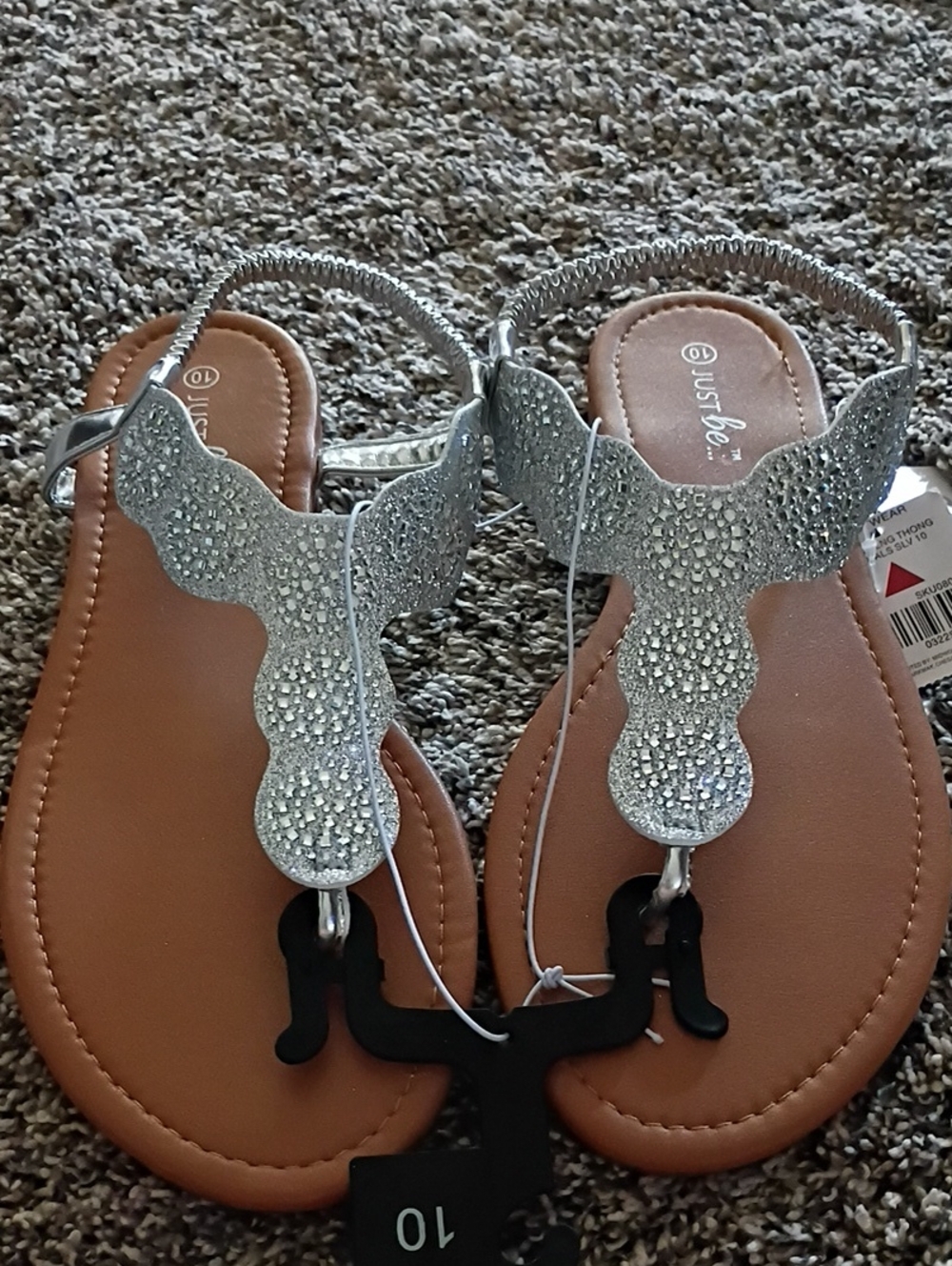 just be Silver Rhinestone T-Strap Sandals